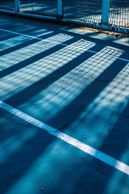 un campo da tennis con una rete e ombre sopra