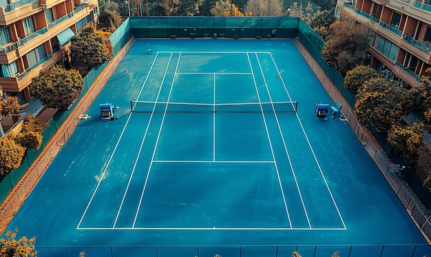 un campo da tennis con una rete e una scatola blu con la parola tennis su di esso