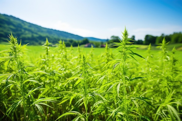 Un campo di canapa che prospera sotto la luce del sole e mostra l'agricoltura della cannabis