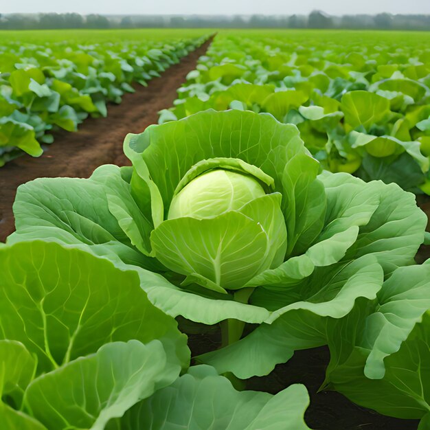 un campo di cavoli con un campo di verde sullo sfondo