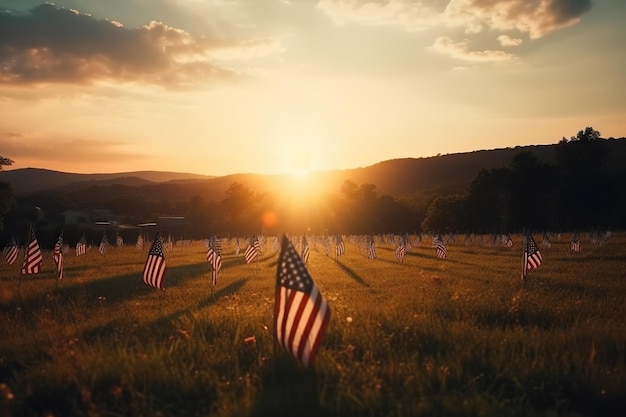 Un campo di erba alta con la bandiera americana