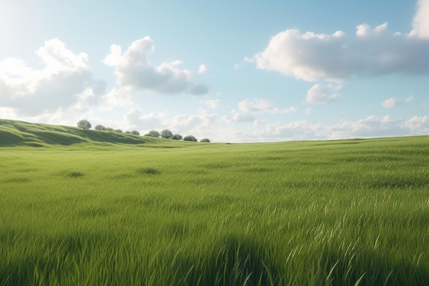 Un campo di erba con un cielo blu e nuvole sullo sfondo.