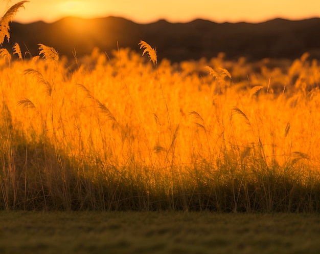 Un campo di erba dorata con il sole che tramonta dietro di esso