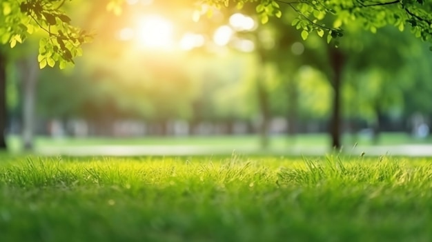 Un campo di erba verde con alberi sullo sfondo