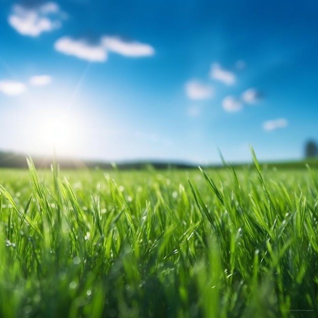 Un campo di erba verde con il sole che splende su di esso