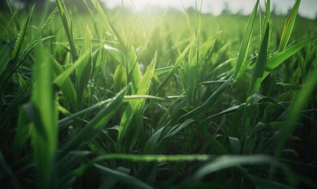 Un campo di erba verde con il sole che splende su di esso