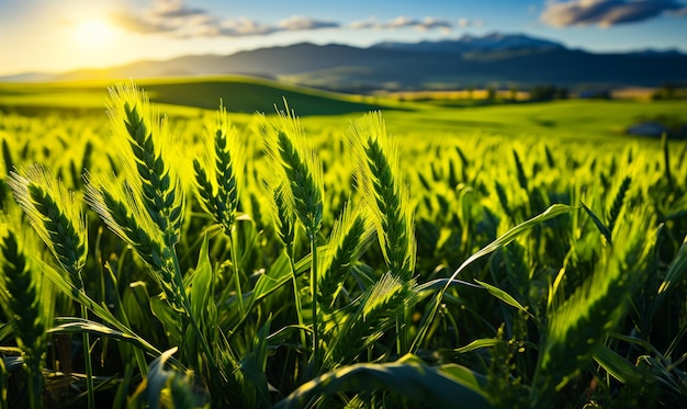 Un campo di erba verde con il sole sullo sfondo