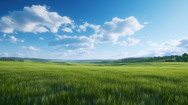 Un campo di erba verde con un cielo blu e nuvole