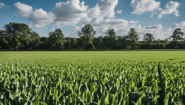 Un campo di erba verde con un cielo blu sullo sfondo