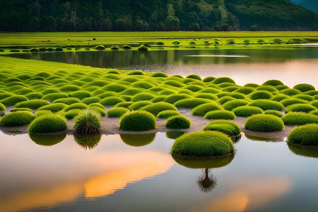 un campo di erba verde con un lago sullo sfondo