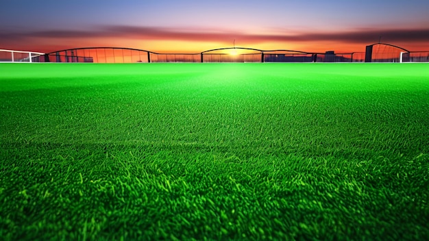 Un campo di erba verde con un ponte sullo sfondo