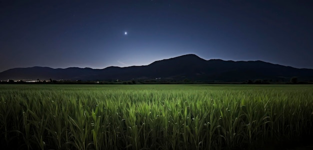 Un campo di erba verde con una luna sullo sfondo.