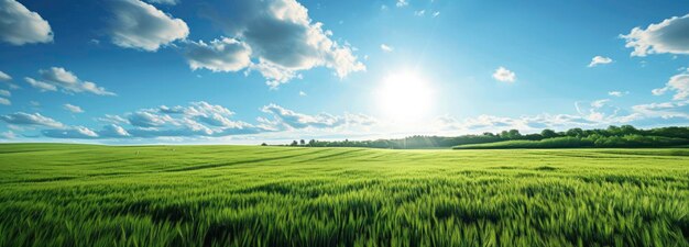 Un campo di erba verde contro nuvole e cielo blu.