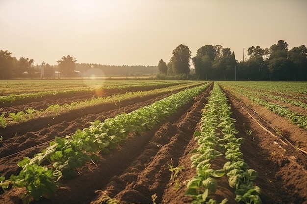 Un campo di fagiolini con il sole che tramonta sullo sfondo