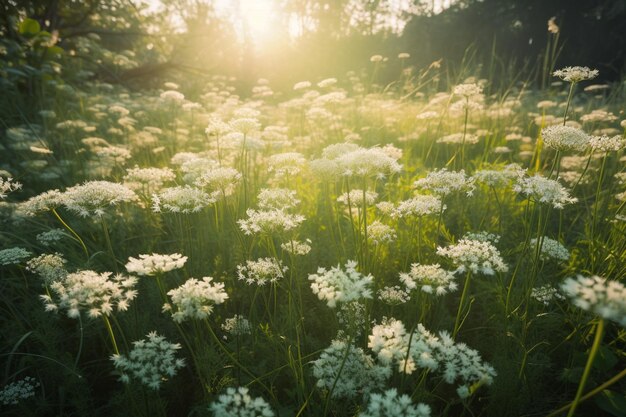 Un campo di fiori bianchi con il sole che splende attraverso gli alberi.