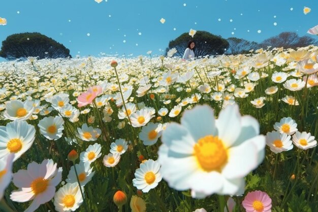 Un campo di fiori bianchi e rosa con una donna in abito bianco in primo piano.