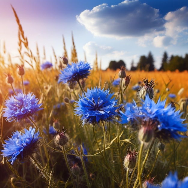 Un campo di fiori blu con il sole che splende su di esso