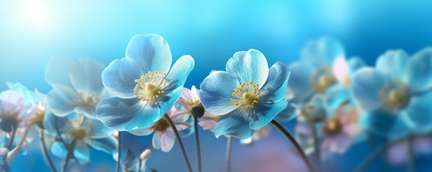 un campo di fiori blu con una luce intensa sullo sfondo