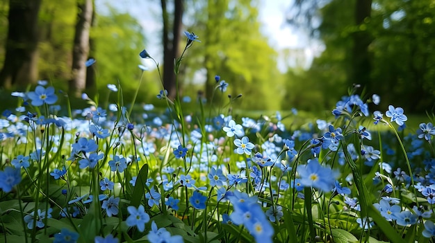 Un campo di fiori blu con uno sfondo sfocato di alberi verdi I fiori sono a fuoco e hanno una varietà di sfumature di blu