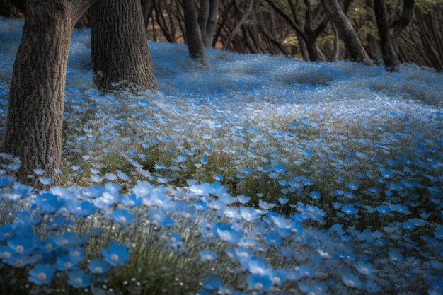 Un campo di fiori blu nella foresta