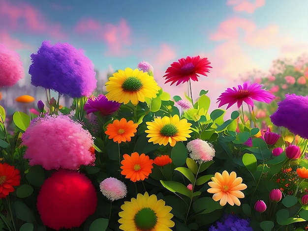 Un campo di fiori colorati con un cielo rosa e blu sullo sfondo.