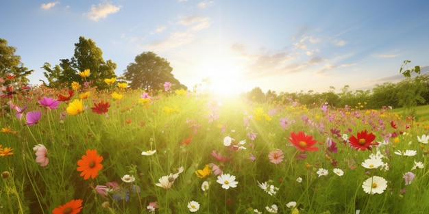 Un campo di fiori con il sole che splende su di esso