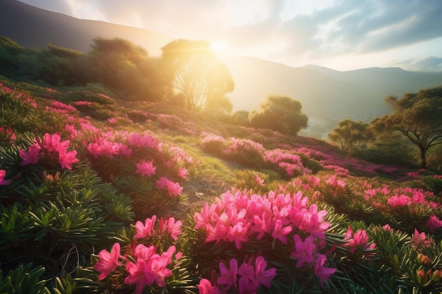 Un campo di fiori con il sole che splende su di loro