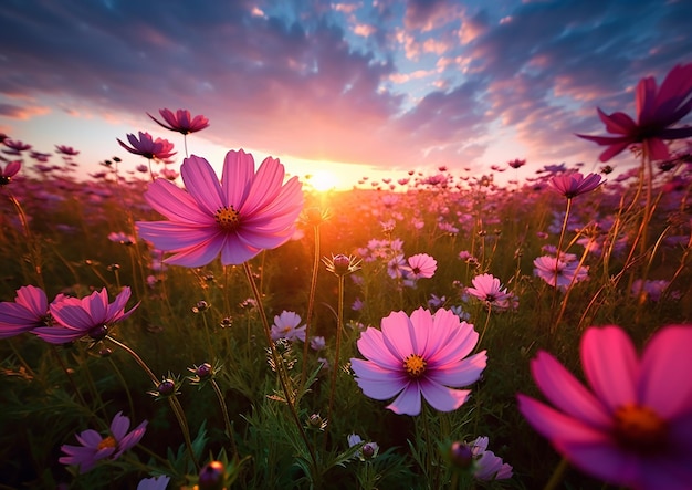 Un campo di fiori con il sole che tramonta alle sue spalle