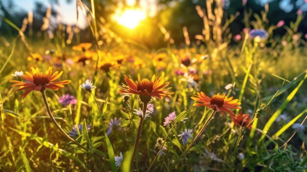 Un campo di fiori con il sole che tramonta alle sue spalle