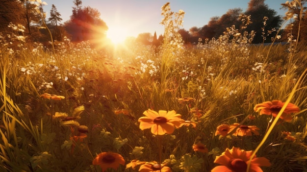 Un campo di fiori con il sole che tramonta alle sue spalle