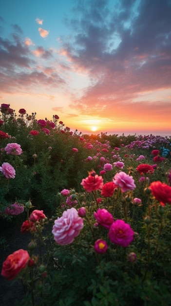 Un campo di fiori con il sole che tramonta alle sue spalle