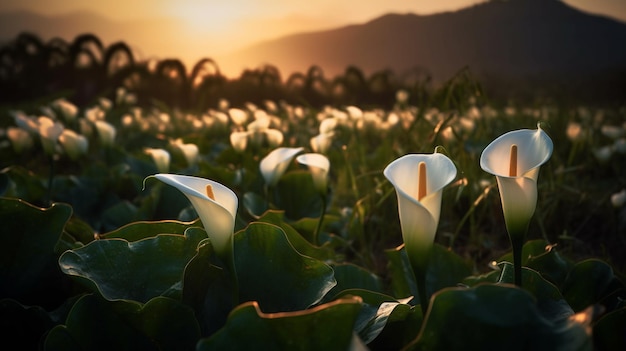 Un campo di fiori con il sole che tramonta dietro themgenerative ai