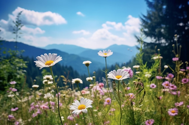 Un campo di fiori con le montagne sullo sfondo