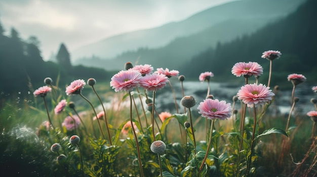 Un campo di fiori con le montagne sullo sfondo