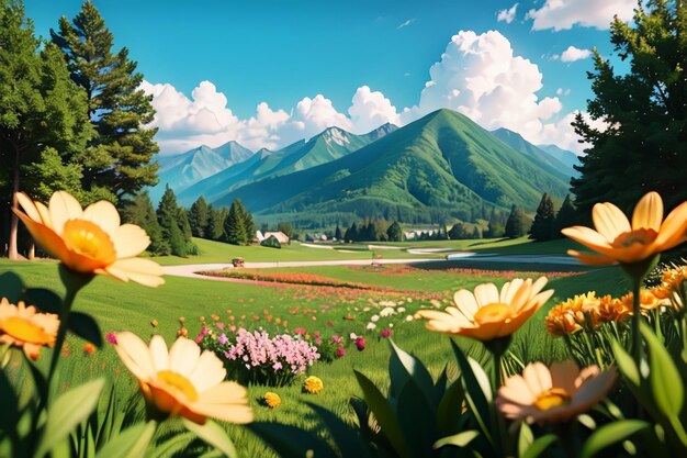 Un campo di fiori con le montagne sullo sfondo