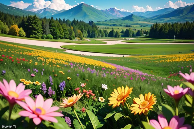 Un campo di fiori con le montagne sullo sfondo