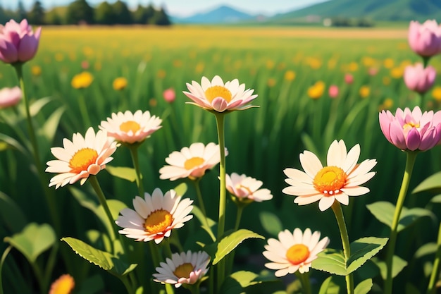 Un campo di fiori con un campo di fiori sullo sfondo.