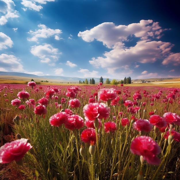 Un campo di fiori con un cielo azzurro e nuvole sullo sfondo
