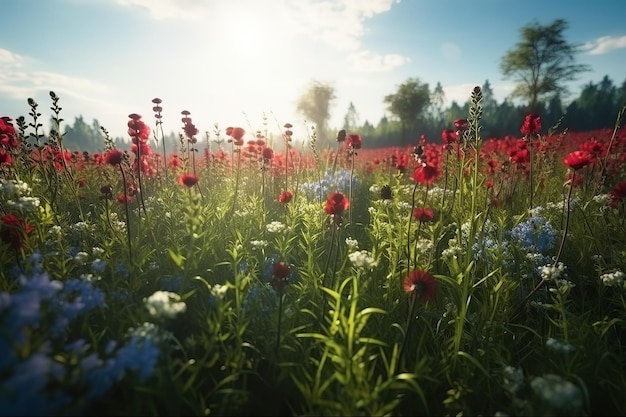 Un campo di fiori con un cielo blu e il sole alle spalle Illustrazione di un prato fiorito in primavera