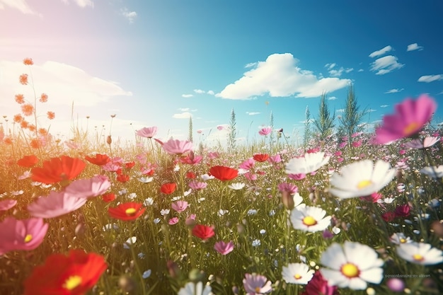 Un campo di fiori con un cielo blu e il sole alle spalle Illustrazione di un prato fiorito in primavera