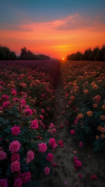 Un campo di fiori con un tramonto sullo sfondo