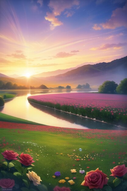 Un campo di fiori con un tramonto sullo sfondo
