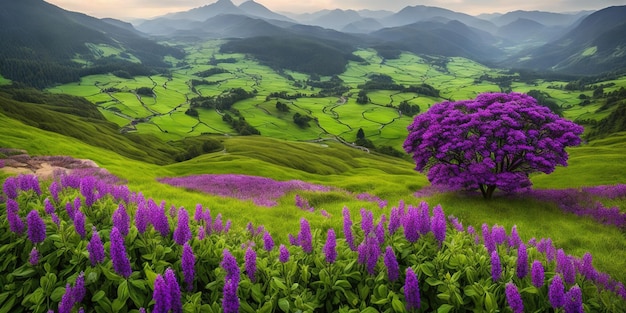 Un campo di fiori con una montagna sullo sfondo