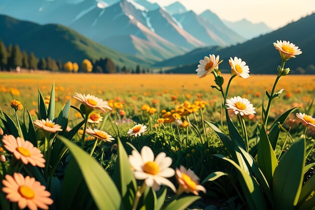 Un campo di fiori con una montagna sullo sfondo