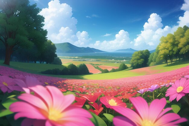 Un campo di fiori con una montagna sullo sfondo