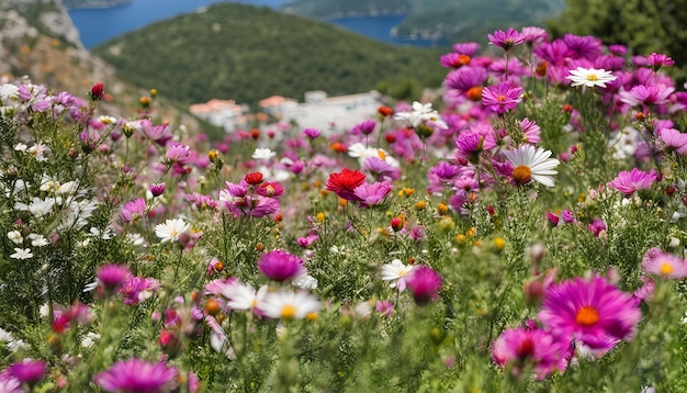 un campo di fiori con una montagna sullo sfondo