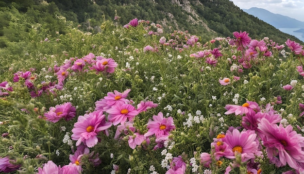 un campo di fiori con una montagna sullo sfondo