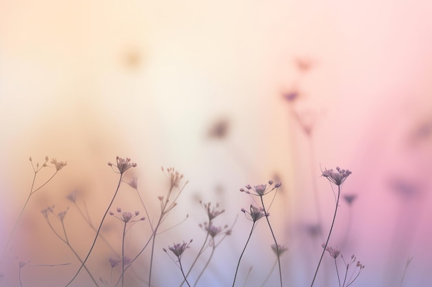 Un campo di fiori con uno sfondo rosa e viola