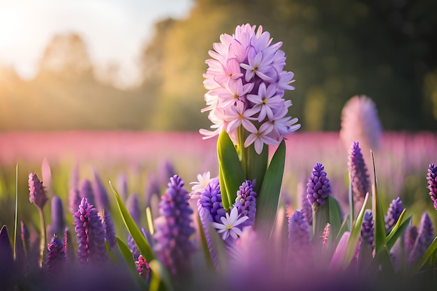 Un campo di fiori con uno sfondo viola
