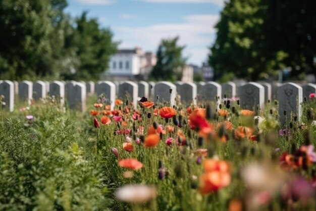 Un campo di fiori davanti a un cimitero.